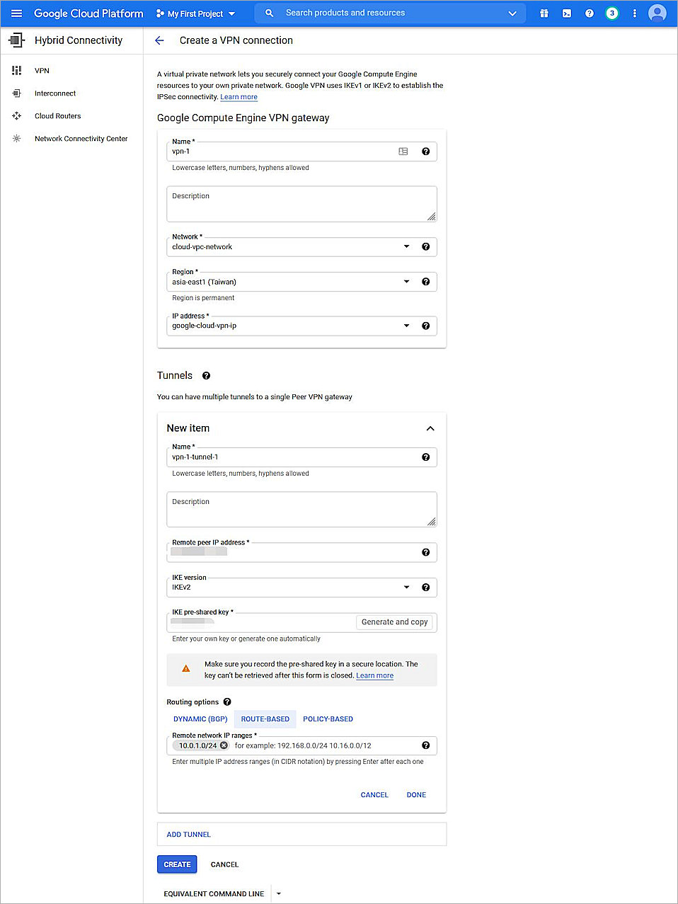 Screen shot of the completed VPN connection settings in Google Cloud
